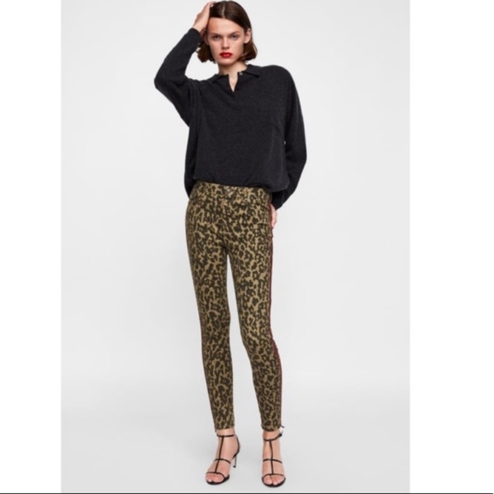 Zara woman high rise leopard animal print red velvet trim skinny jeans 2 - Picture 4 of 12